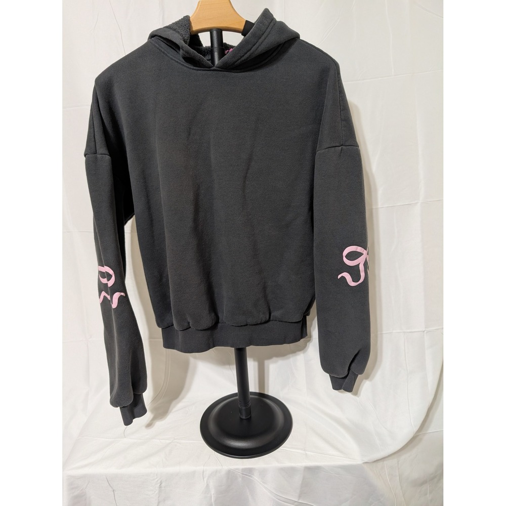 Edikted Washed Black Sherpa Lined Pink Bow Sleeve Hoodie Sweatshirt Small